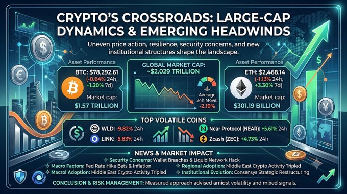 An infographic titled "CRYPTO'S CROSSROADS: LARGE-CAP DYNAMICS & EMERGING HEADWINDS" displaying market data including BTC at $78,292.61 (-0.64%, market cap $1.57 trillion), ETH at $2,468.14 (-1.13%, market cap $301.19 billion), global market cap of ~$2.029 trillion (-2.19%), top volatile coins (WLD, LINK, NEAR, ZEC), and news on security concerns, Fed rate bets, and Middle East crypto activity.