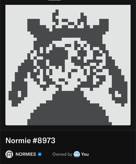 An NFT display showing 'Normie #8973' - a pixelated grayscale portrait of a wide-eyed character, owned by the user, from the NORMIES collection.