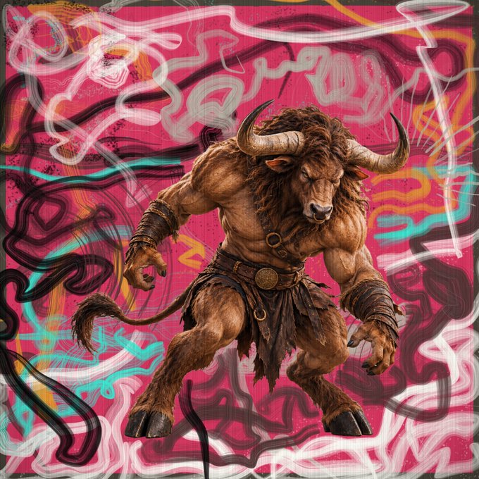 Digital illustration of a muscular minotaur character with brown fur and large horns, wearing leather wrist wraps and a belted loincloth, set against a vibrant pink graffiti-style background.