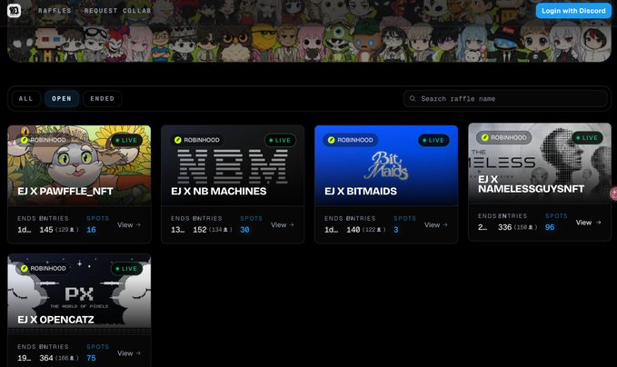 The image shows a dashboard of NFT raffles/giveaways, featuring five live events with countdown timers, including "EJ X PAWFFLE_NFT" (14h remaining, 235/235 entries), "EJ X NB MACHINES" (13h, 152/152 entries), "EJ X BITMAIDS" (14h, 140/140 entries), "EJ X NAMELESSGUYSNFT" (2h, 336/336 entries), and "EJ X OPENCATZ" (19h, 364/364 entries). All raffles display the "Robinhood" sponsor tag, contain 3 spots each, and operate on a platform where users can filter by "ALL," "OPEN," or "ENDED" status, visually confirming the post's claim about a new platform (referred to as "Emperor Journals" or "EJ") hosting WL giveaway raffles with all spots filled across every event.