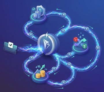A glowing network diagram illustrates the JustLend DAO Money Core as a central lightning-bolt hub, with electric blue energy streams radiating outward to surrounding icons of coins, charts, and wallets, visually representing the high-velocity flow of assets and the platform's low-cost DeFi lending efficiency.