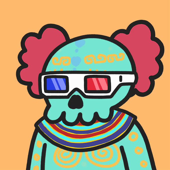 A colorful cartoon illustration of a teal skull wearing 3D glasses with red and blue lenses, featuring red flower-like decorations on the sides and yellow swirl patterns on the forehead and body.