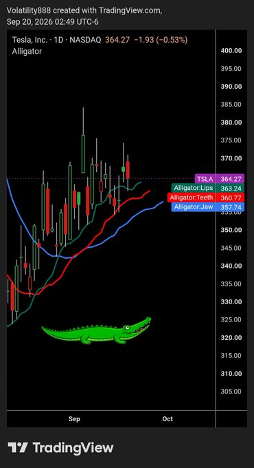 A TradingView candlestick chart of Tesla Inc. (TSLA) on NASDAQ showing the Alligator indicator with a green alligator graphic overlay.