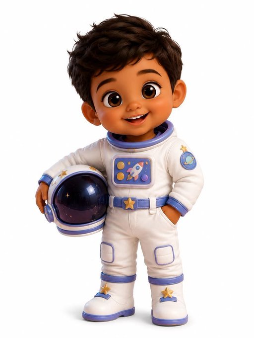 A 3D cartoon illustration of a smiling young boy wearing a white astronaut suit and holding a helmet.