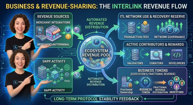 An infographic titled 'BUSINESS & REVENUE-SHARING: THE INTERLINK REVENUE FLOW' showing a woman presenting a flow diagram with Revenue Sources (Merchant Integrations, DApp Activity) feeding into an Ecosystem Revenue Pool that distributes to ITL Network Use & Recovery Reserve, Active Contributors & Rewards, and Business Tokens, with feedback for Long-Term Protocol Stability.