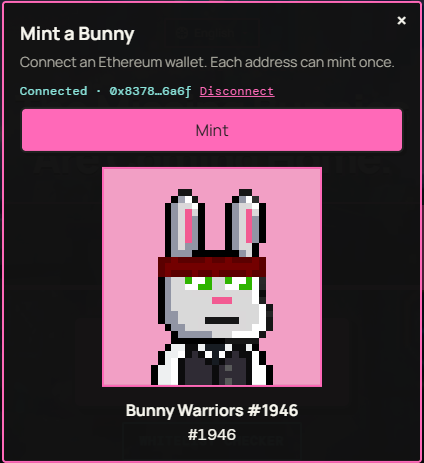 A digital interface titled 'Mint a Bunny' shows an Ethereum wallet connected, displaying a pixel art NFT named 'Bunny Warriors #1946' on a pink background.