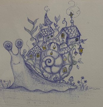 A blue ink sketch of a whimsical snail with a shell designed like a fantasy castle, complete with turrets and windows.