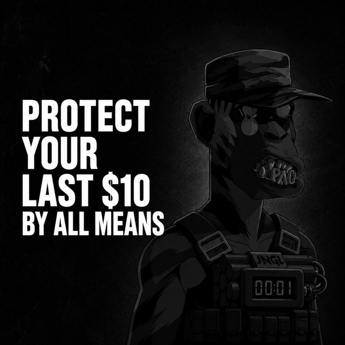 A dark, stylized digital illustration features a figure with gold teeth, sunglasses, and tactical gear with a countdown timer reading '00:01', alongside the text 'PROTECT YOUR LAST $10 BY ALL MEANS'.