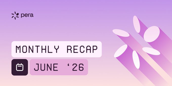 A gradient purple banner with the "pera" logo announces a "Monthly Recap" for June '26, accompanied by a calendar icon and stylized pink plant illustrations on the right side. The image serves as a promotional graphic for an upcoming Pera Community live stream event on YouTube, inviting viewers to join and ask questions about the project's developments.