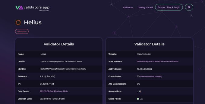 The Validators.app Helius validator page lists node details such as active stake, 0% commission, software, IP, data center, and creation date.