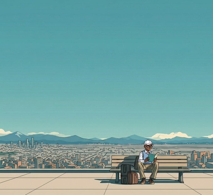 An animated illustration of an elderly man reading a book on a bench, overlooking a sprawling cityscape with mountains in the distance under a clear blue sky.