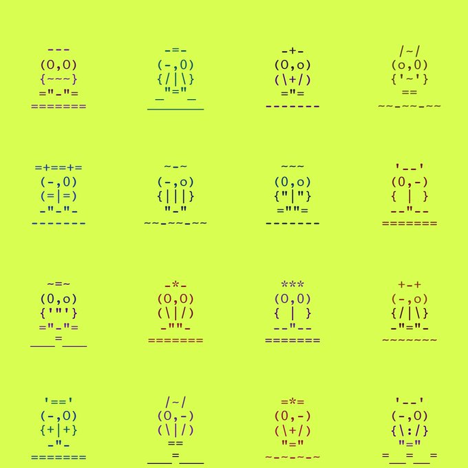 A lime green background displaying a grid of 16 ASCII art faces made from characters like parentheses, slashes, and pipes, each showing different emotive expressions.