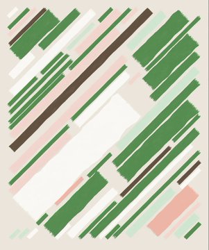 An abstract geometric artwork composed of intersecting diagonal brushstrokes in various shades of green, white, pink, and brown on a cream background.