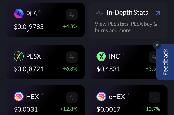 A cryptocurrency tracking dashboard displays prices and percentage changes for tokens including PLS at $0.059785 (+4.3%), PLSX at $0.058721 (+6.8%), INC at $0.4831 (+3.5%), HEX at $0.0031 (+12.8%), and eHEX at $0.0017 (+10.7%), with an "In-Depth Stats" panel and a "Feedback" button.