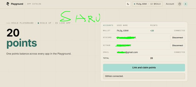 Screenshot of the Rialo Playground rewards page showing 20 points earned, with connected wallet, Discord, GitHub, and email accounts displayed.