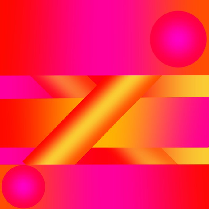 An abstract digital artwork featuring a vibrant gradient of pink, red, and orange colors with geometric shapes including circles, diagonal lines, and triangular forms.