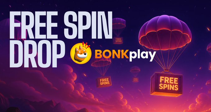 A promotional banner for BONKplay featuring bold "FREE SPIN DROP" text alongside the BONKplay logo, with parachutes carrying "FREE SPINS" packages descending against a vibrant purple sky. The image visually celebrates the launch of the BONKplay Telegram channel and its giveaway event, as referenced in the accompanying announcement.