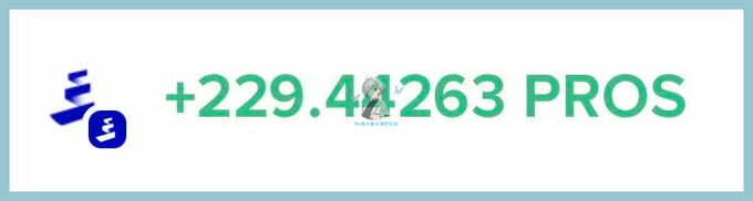 The image displays a Binance reward notification showing "+229.4263 PROS" in green text, accompanied by a small icon of a character and the Binance logo on the left side. This relates to the post which announces receiving over 200 $PROS tokens (about $100) from Binance Wallet as approximately 10% interest from a 5-day presave, noting this is separate from the 300,000 prize pool distribution.