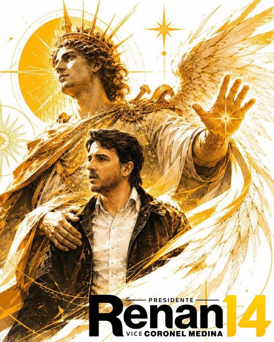 A political campaign graphic featuring a young man in front of a golden angel with crown and wings, with text 'PRESIDENTE Renan 14 VICE CORONEL MEDINA'.