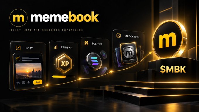 A dark, gold-accented MEMEBOOK promotional graphic shows feature cards labeled “POST,” “EARN XP,” “SOL TIPS,” and “UNLOCK NFTS,” leading toward a large coin marked “m” and “$MBK.” It visually illustrates the platform’s creator, engagement, tipping, and NFT roadmap, including future token tipping and NFT minting utility.