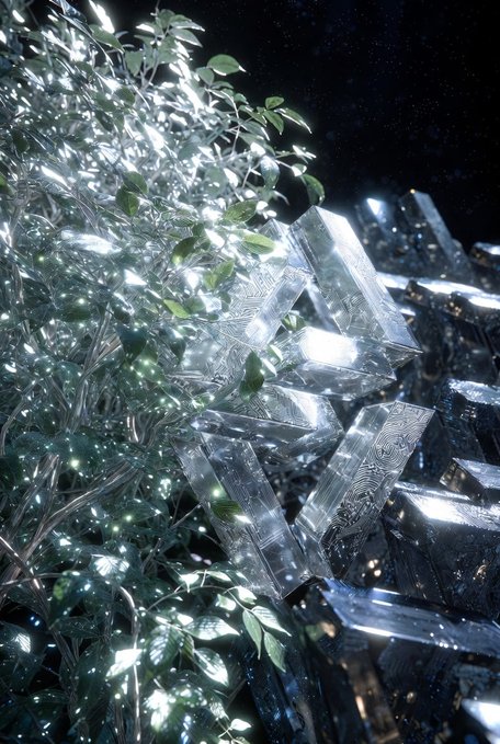 An abstract digital artwork or 3D render showing crystalline, metallic geometric structures intertwined with green foliage and glowing light particles against a dark background.
