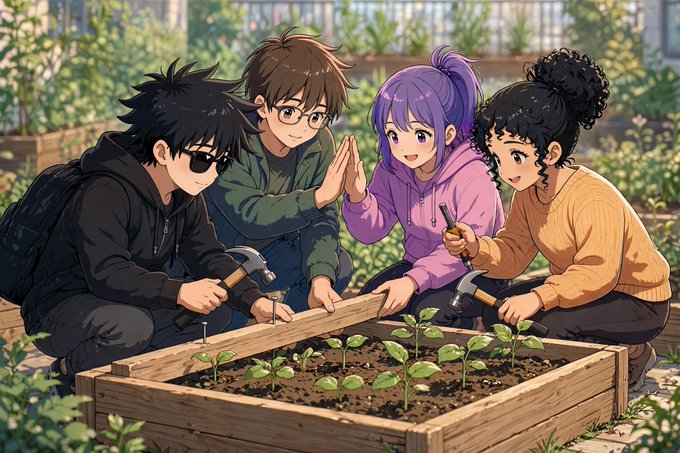 An anime-style illustration of four characters working together to build a wooden garden bed with young plants in a greenhouse.