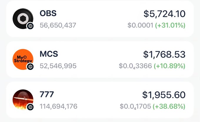 A cryptocurrency portfolio dashboard displaying three tokens: OBS at $5,724.10 (+31.01%), MCS at $1,768.53 (+10.89%), and 777 at $1,955.60 (+38.68%), each with their supply and percentage changes.