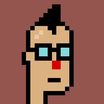 A low-resolution pixel art portrait of a person with dark hair, blue sunglasses, and a red square on their cheek against a dark red background.