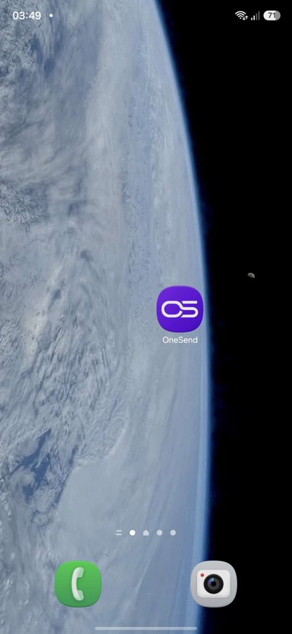A smartphone home screen screenshot showing a wallpaper of Earth from space, with the "OneSend" app icon visible and a page indicator at the bottom.