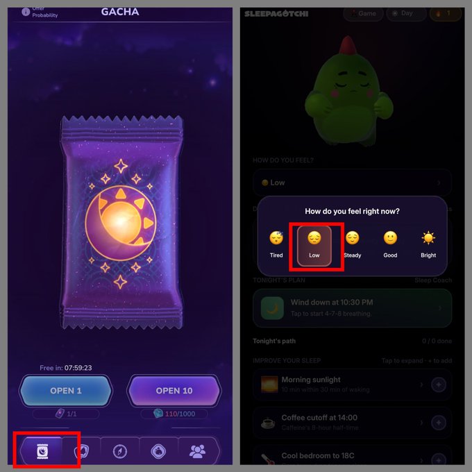 Two mobile app screenshots side by side: a 'GACHA' pack-opening screen with 'OPEN 1' and 'OPEN 10' buttons, and a 'SLEEPAGOTCHI' sleep-tracking app showing a mood check with 'Low' highlighted in a red box.