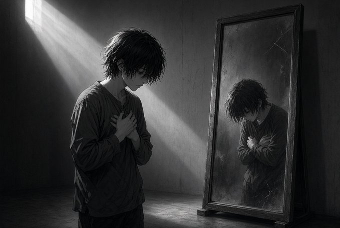 A young person with dark hair stands with head bowed and hands clasped over their chest in a dimly lit room, gazing at their reflection in a large, weathered mirror as a beam of light streams through a window.