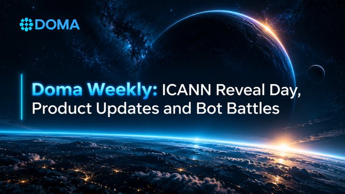 Header banner for 'Doma Weekly: ICANN Reveal Day, Product Updates and Bot Battles' featuring the DOMA logo against a space/planet backdrop.