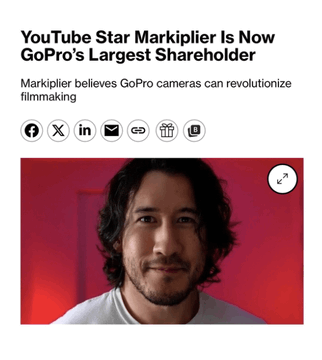 A news headline reads 'YouTube Star Markiplier Is Now GoPro's Largest Shareholder' with a subtitle about Markiplier believing GoPro cameras can revolutionize filmmaking, shown above a photo of Markiplier against a pink background.