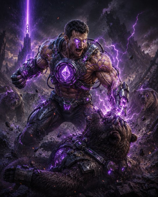 A muscular warrior with a glowing Ethereum logo on his chest harness channels purple lightning energy while battling armored bears in a dark, stormy landscape. The Ethereum emblem ties into the post's reference to ETH, symbolizing crypto strength and bullish energy.