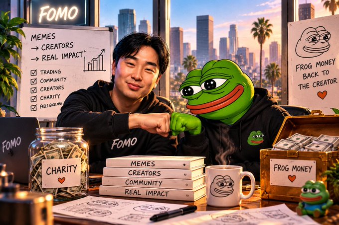 An AI-generated promotional image showing a young man bumping fists with a Pepe the Frog character, surrounded by FOMO branding, whiteboards listing "MEMES, CREATORS, REAL IMPACT," and jars labeled "CHARITY" and "FROG MONEY."