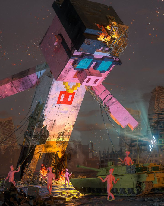 Dark post-apocalyptic digital artwork of a large pink and yellow ruined robot/mech with red stick-figure-like characters, a tank, and flames in a destroyed cityscape.