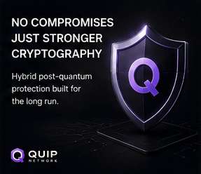 The image shows a poster with a purple shield that reads "No compromises, just stronger cryptography". The background of the poster is black and features an abstract design. There's text inside the poster which states "A Hybrid Post-Quantum Protection Built for the long run", suggesting that it is about some form of protection or security for digital content such as data and applications. Additionally, there are two small purple icons placed on top of the shield - one in front and another behind it. The overall design gives an impression of a shield protecting something valuable against potential threats.
