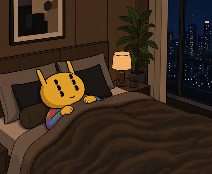 An illustration of a smiling yellow emoji-like character tucked under a brown blanket in a dimly lit bedroom, with a lamp and a window showing a nighttime city skyline.