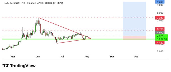 A TradingView daily chart of INJ/USDT on Binance showing the token trading at $4.963 (+1.89%), with a descending triangle pattern forming between roughly $4.10-$4.25 support and lower highs from the June peak near $7.347, alongside key horizontal levels marked at $4.457, $4.972, $5.733, and $7.347 extending into the projected August-October timeframe. The chart visually supports the post's bullish short-term outlook on INJ, as price is consolidating at the bottom of the descending triangle near the green demand zone around $4.10, suggesting a potential breakout as L1/L2 and DeFi narratives heat up.
