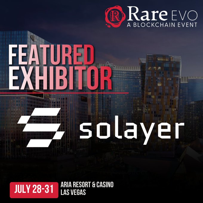 A promotional graphic for Rare EVO blockchain event featuring Solayer as a featured exhibitor, scheduled for July 28-31 at ARIA Resort & Casino, Las Vegas.