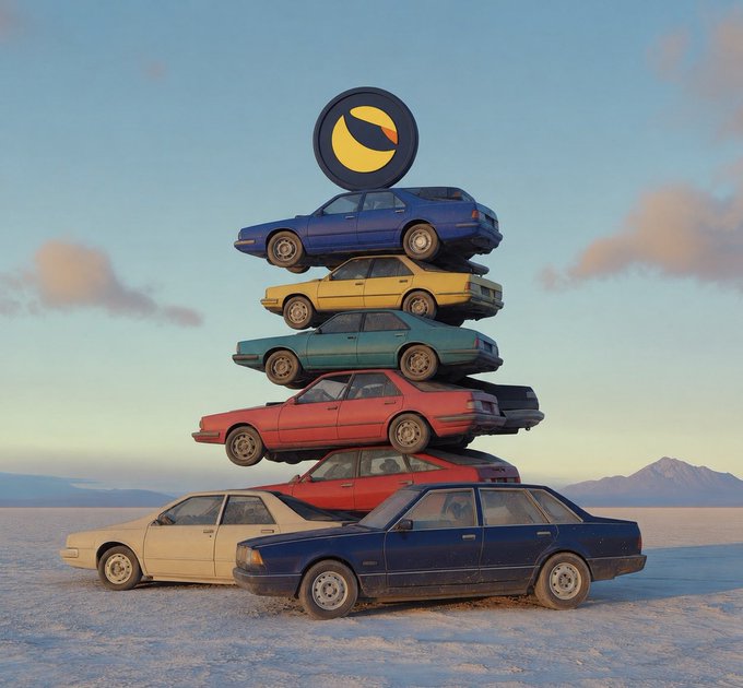 A stack of five colorful sedans (yellow, teal, red, and blue) precariously balanced on top of each other in a desert landscape, topped with a circular Terra Classic (LUNC) logo, visually representing the "Tower of Conviction" referenced in the post.