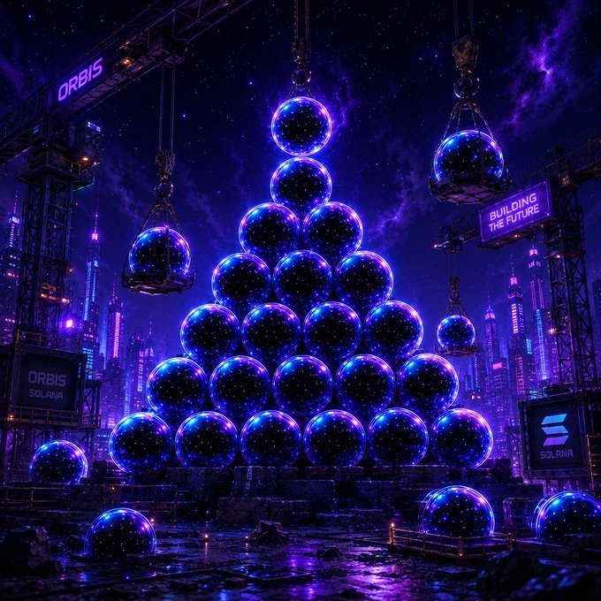 A dark, futuristic digital artwork showing a pyramid structure built from glowing blue orbs, flanked by construction cranes displaying 'ORBIS' and 'SOLANA' logos, with 'BUILDING THE FUTURE' and 'ORBIS SOLANA' signs in a cyberpunk city setting.