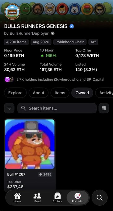 The image shows a mobile NFT marketplace listing for "BULLS RUNNERS GENESIS" by BullsRunnerDeployer on Robinhood Chain, featuring 4,200 items with a floor price of 0.199 ETH (up 165%) and highlighting a "Bull #1267" with a top offer of $337.46. The post celebrates receiving 6969 whitelist spots from @0xAlphaGEMs, suggesting the user gained early access to mint this bullish NFT collection.