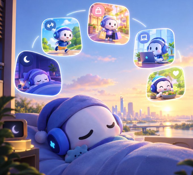 An illustration of a cute character with blue headphones sleeping peacefully in bed, with five thought bubbles showing daily activities (lifting weights, shopping, using a computer, sleeping, gardening) against a city skyline at sunset.