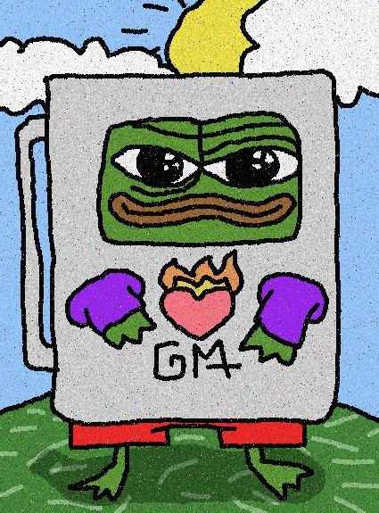 A child-like drawing on a speckled gray background depicts a rectangular character with a green face, large eyes, a wide mouth, and a flaming heart on its chest, labeled 'GM' with purple gloves and red shorts.