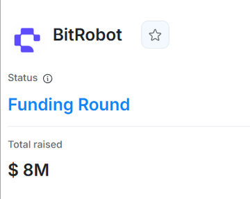 BitRobot is currently in its Funding Round, having raised $8M total to support building an open robotics lab for Embodied AI. The image shows a profile card displaying the project's name, its active "Funding Round" status, and the $8M total raised figure.