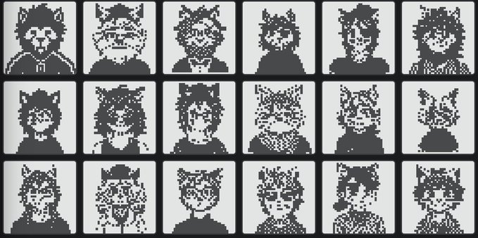A grid of 18 pixelated black and white cat/fox character portraits, each with varying features and accessories.