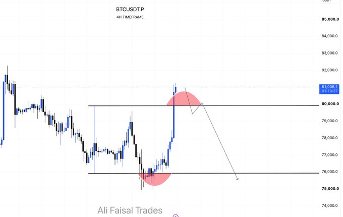 A candlestick chart titled 'BTCUSDT.P 4H TIMEFRAME' showing price action between roughly 74,000 and 85,000, with two red circles highlighting specific price movements, credited to 'Ali Faisal Trades'.