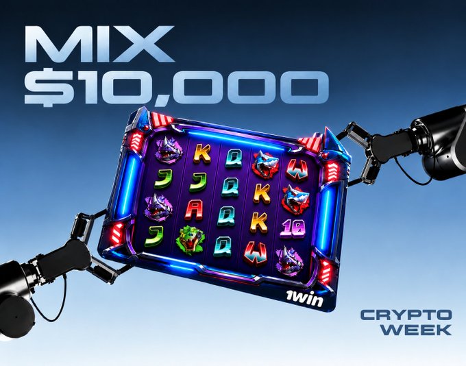 A promotional graphic reading 'MIX $10,000' and 'CRYPTO WEEK' featuring a robotic claw gripping a 1win slot machine game board.