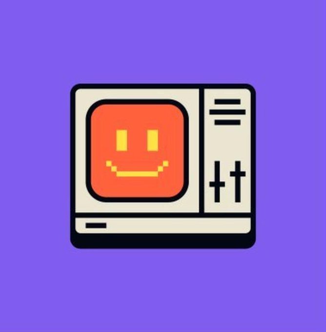 A simple flat-design illustration of a retro computer/monitor with an orange screen displaying a yellow pixelated smiley face, set against a purple background.